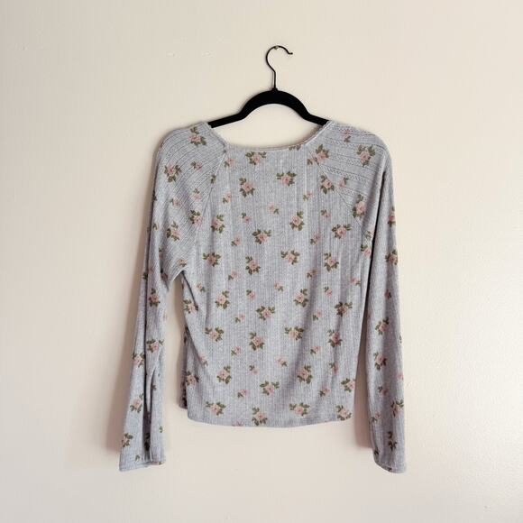 Lucky Brand Grey + Pink Flower Print Square Neck Girlie Cardigan Large - Picture 6 of 7